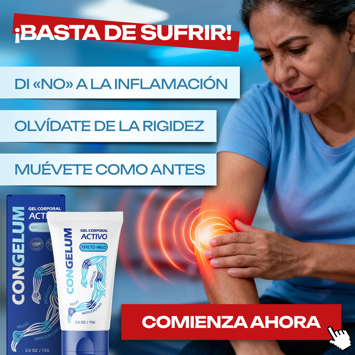 Congelum cooling gel application for pain relief